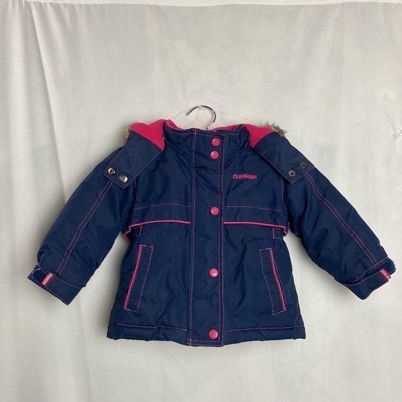 OSHKOSH B'gosh (Girls) Navy Blue and Pink Winter Jacket with Fur Detachable Hood - Picture 3 of 17